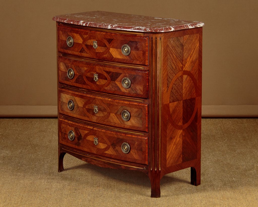 Small Rosewood Parquetry & Marble Top Chest of Drawers c.1930