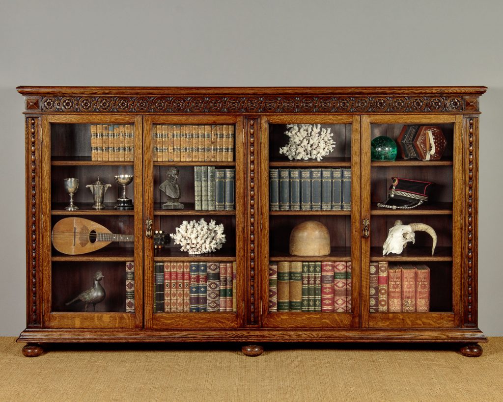 Long Carved Oak Bookcase by Gardners of Glasgow c.1910 Collinge Antiques