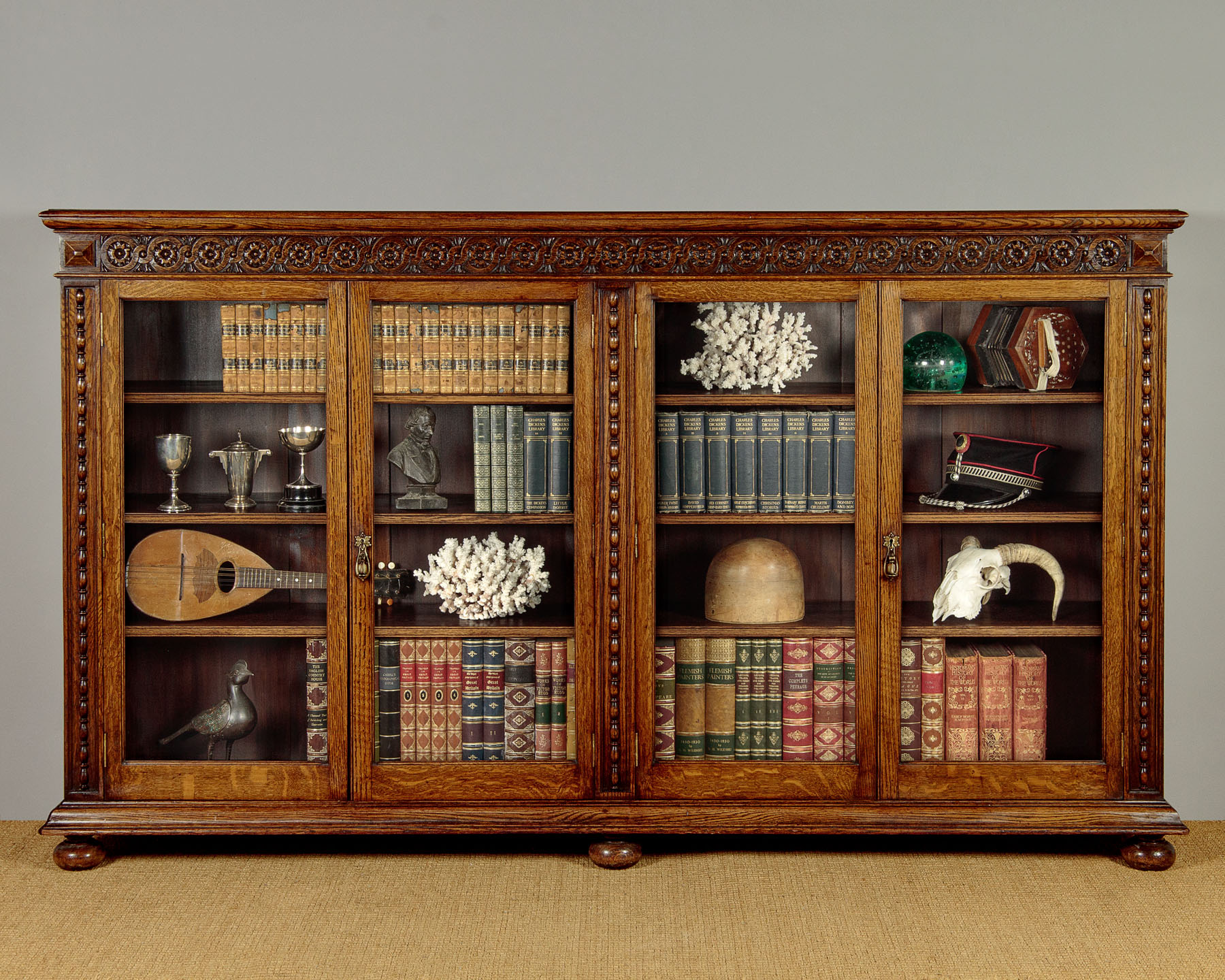 Long Carved Oak Bookcase by Gardners of Glasgow c.1910 Collinge Antiques