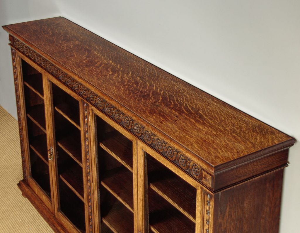 Long Carved Oak Bookcase by Gardners of Glasgow c.1910 Collinge Antiques