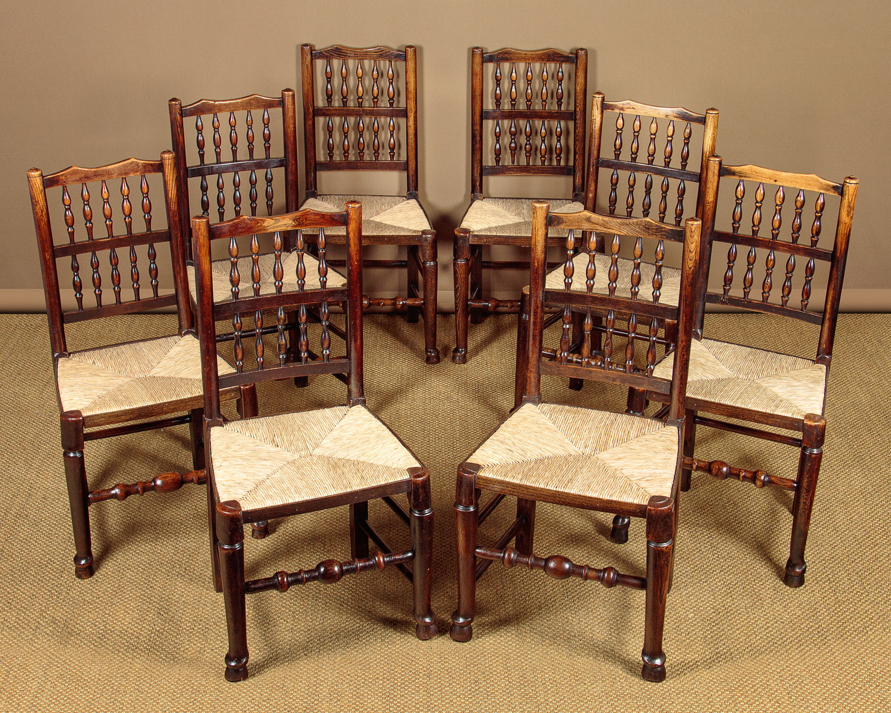 Eight Spindle Back Rush Seat Dining Chairs c.1810 Collinge Antiques